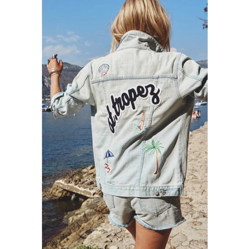 Light Wash St. Tropez Luxury Jean Jacket with Patches and Pins